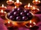 A Bowl Of Purple Balls With Candles On A Table. Generative AI