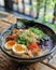 A bowl of ramen, its broth organic yet intentionally bland, invites customization with an array of vibrant, fresh toppings