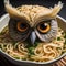 A bowl of ramen noodles that became an owl, with seaweed eyes and chicken broth feathers2
