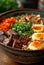 Bowl of ramen with pork egg green onions and green peppers