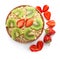 Bowl with raw oatmeal, kiwi and strawberry on white background