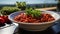 Bowl of red sauce and red peppers close-up. Generative AI.