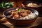 A bowl of rice and chicken adobo, Filipino food. Generative AI