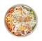 Bowl with rice noodles, shrimps and vegetables on white, top view