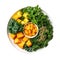 Bowl Rich Green Base, Kale Leaves, Pineapple Chunks, Pumpkin Seeds On White Plate On A White Background