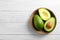 Bowl with ripe avocados on wooden background