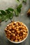 Bowl of roasted chickpeas.Indian snacks background