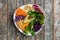 Bowl salad with halloumi cheese, avocado, cucumber, chickpeas, watermelon radish, potato purple sweet. Buddha bowl, healthy and