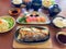 bowl of salad with vegetables, Katsudon, Saba fish teriyaki sauce, sushi, Japan food, Japan table food