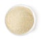 Bowl of semolina on white background, top view
