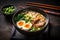 bowl soup asian meal noodle japanese vegetable ramen food chopstick. Generative AI.