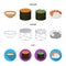 Bowl of soup, caviar, shrimp with rice. Sushi set collection icons in cartoon,outline,flat style vector symbol stock