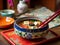 A bowl of soup with chopsticks on a tray. AI generative image . Korean still life.