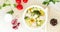 bowl of soup, a cup of broth and vegetables, meatballs made of turkey and chicken, top view, long width banner