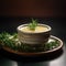 A bowl of soup with a sprig of rosemary, AI