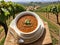 A Bowl Of Soup On A Table With A View Of A Vineyard. Generative AI