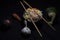 A bowl of a steamed noodles and vegetables decorated with veggies and chopsticks in a black copy space background. Food