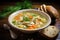 A bowl of steaming chicken soup with carrots, potatoes, and dill, on a wooden table