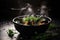 bowl of steaming mussel soup with fresh herbs and spices