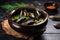 bowl of steaming mussel soup with fresh herbs and spices