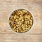 Bowl of stovetop stuffing on an old cutting board