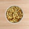 Bowl of stovetop stuffing on a wood table