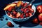 a bowl of strawberries and blueberries with a spoon