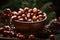 Bowl with sweet chestnuts on dark background