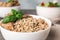 Bowl with tasty buckwheat porridge and meat