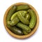 Bowl of Tasty canned Whole green cornichons isolated on a white background