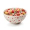 Bowl with tasty colorful cereal rings on white background, closeup