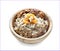 Bowl with tasty oatmeal, walnuts and raisins on white background
