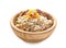 Bowl with tasty oatmeal, walnuts and raisins on white background