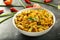 Bowl of tasty vegan pasta.Healthy meal.top view.