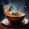 a bowl Thick soup on a plate, a wave of vegetables hit soup with Generative AI