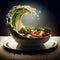 a bowl Thick soup on a plate, a wave of vegetables hit soup with Generative AI