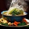 a bowl Thick soup on a plate, a wave of vegetables hit soup with Generative AI