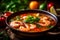 Bowl of Tom Yum Goong, spicy shrimp soup, Thailand food. Generative AI