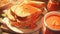 bowl of tomato soup with a grilled cheese sandwich with a gooey cheese pull manga cartoon style by AI generated