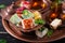 Bowl with various pieces of turkish delight lokum and black tea