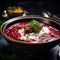 bowl of vibrant beet soup, topped with a dollop of sour cream and fresh dill by AI generated
