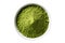 Bowl Vibrant Green Base, Matcha Powder, Spirulina, Hemp Seeds On White Plate On A White Background