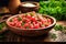 a bowl of watermelon salad with mint leaves on a wooden table