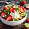 Bowl of whipped cream with strawberry and kiwi fruit. Generative Artificial Intelligence