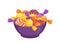 Bowl of yellow, orange and purple candies. Vector cartoon illustration