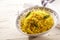 Bowl of yellow risotto milanese with sage leaves on top