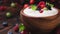 Bowl of yogurt with wild berries on dark wooden background