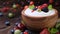 Bowl of yogurt with wild berries on dark wooden background