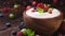 Bowl of yogurt with wild berries on wooden table