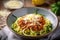 bowl of zucchini noodles with bolognese sauce and parmesan cheese